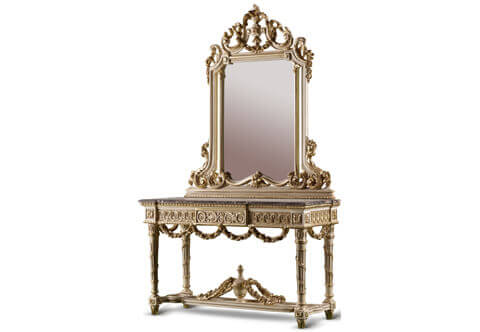 Louis XVI style Console with Mirror superabundantly hand carved, parcel gilded, patinated and painted in Blanc de Plomb finish